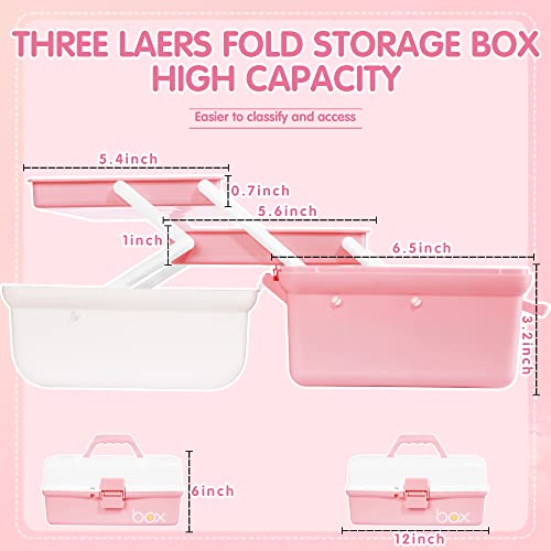 TERGOO 12in Three-Layer Multipurpose Storage Box Organizer Folding Tool Box/Art & Crafts Case/Sewing Supplies Organizer/Medicine Box/Family First Aid Box with 2 Trays (White Pink) - Image 2
