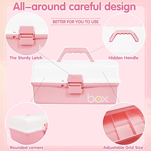 TERGOO 12in Three-Layer Multipurpose Storage Box Organizer Folding Tool Box/Art & Crafts Case/Sewing Supplies Organizer/Medicine Box/Family First Aid Box with 2 Trays (White Pink) - Image 3