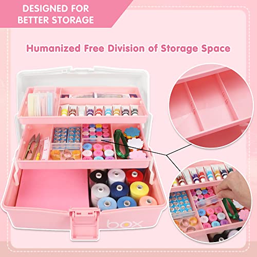 TERGOO 12in Three-Layer Multipurpose Storage Box Organizer Folding Tool Box/Art & Crafts Case/Sewing Supplies Organizer/Medicine Box/Family First Aid Box with 2 Trays (White Pink) - Image 4