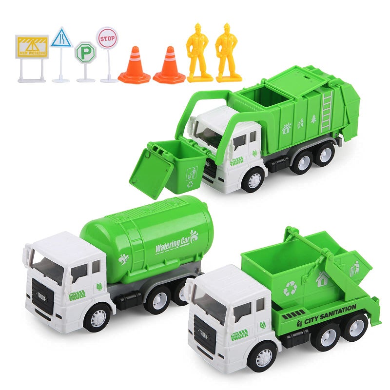 FIVEDAOGANG Toy Vehicles Set 3 Pack Sanitation Truck Car Model Garbage Trucks Water Tanker Playset with 8 Signpost Friction Power for Boys Age 3 Toddlers Kids Holiday Birthday Gift Children - Image 2
