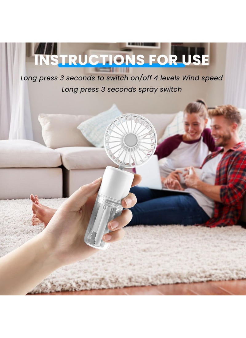 Portable Mini Handheld Fan with Water Mist Spray, USB Rechargeable, 4 Speeds, Foldable Design, Ideal for Travel and Desk Use, 55ml Water Bottle Included, White