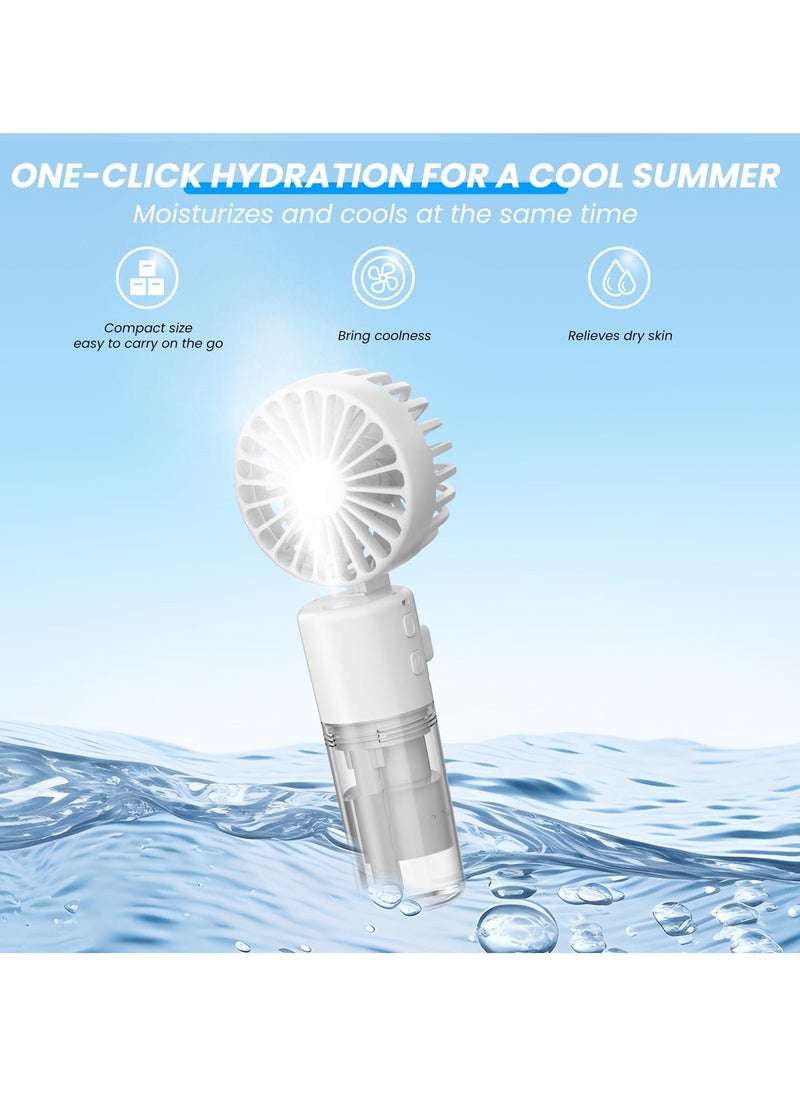 Portable Mini Handheld Fan with Water Mist Spray, USB Rechargeable, 4 Speeds, Foldable Design, Ideal for Travel and Desk Use, 55ml Water Bottle Included, White