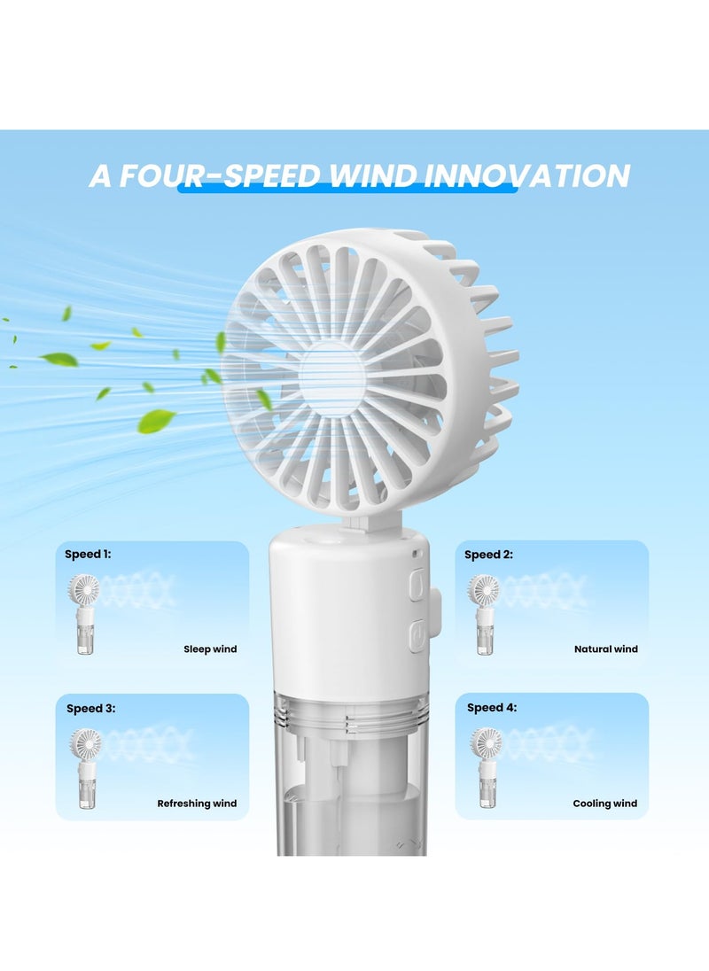 Portable Mini Handheld Fan with Water Mist Spray, USB Rechargeable, 4 Speeds, Foldable Design, Ideal for Travel and Desk Use, 55ml Water Bottle Included, White
