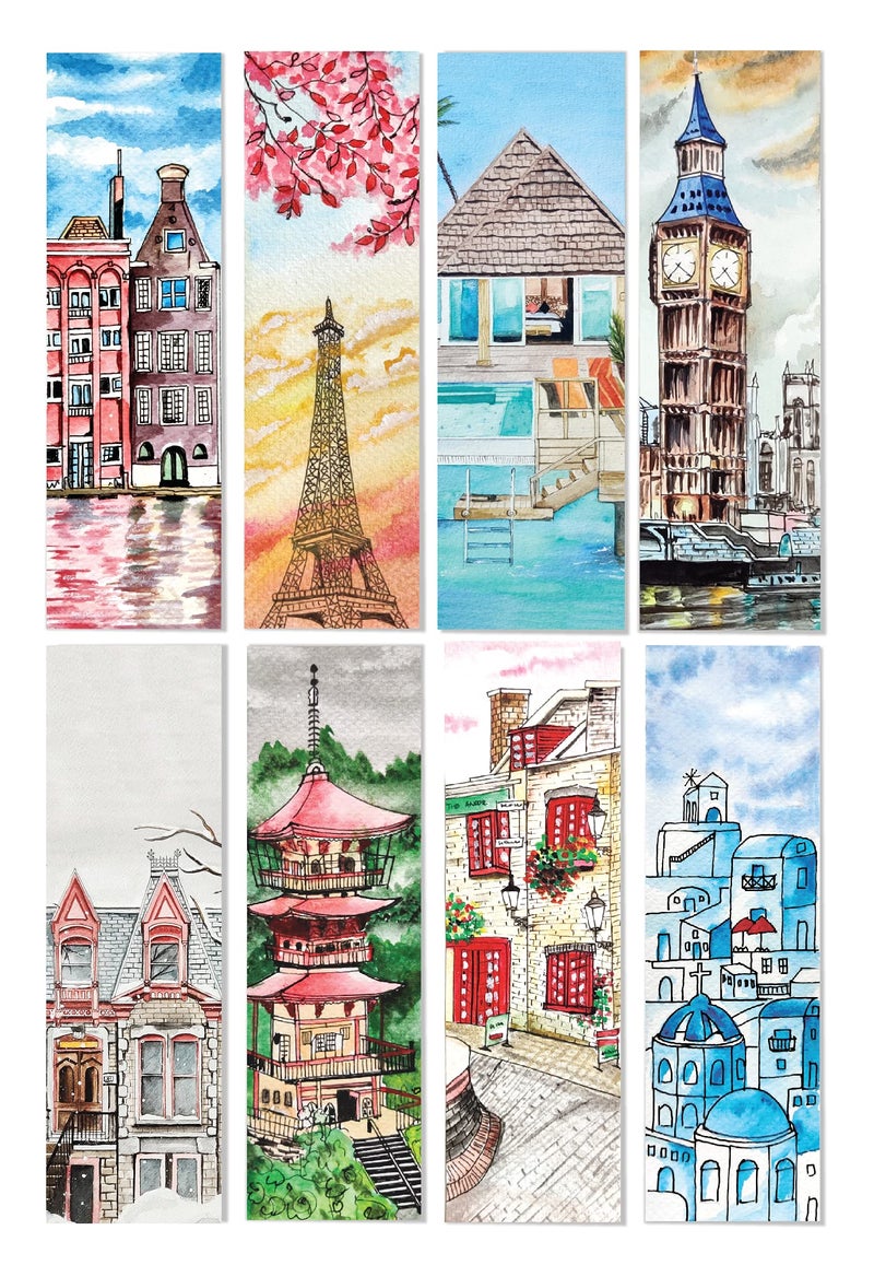 anujarusiya Travel Bookmarks Set of 8 - Matte Laminated, 2 x 6 Inches, City Illustration with Quotes at The Back | Perfect Gifts for Book Lovers - Image 1