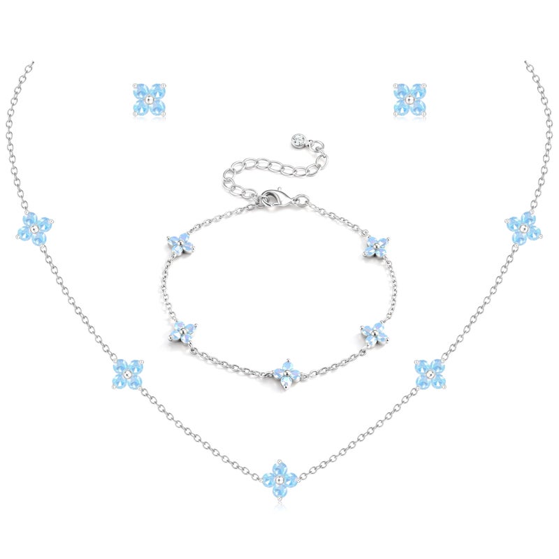 ORAZIO Silver Necklace Bracelet Earring Set - Silver Plated Clover Charm Bracelet, Flower Choker Necklace Floral Stud Earrings Jewelry Set Birthday Wedding Prom Jewelry for Bridal Bridesmaid - Image 1