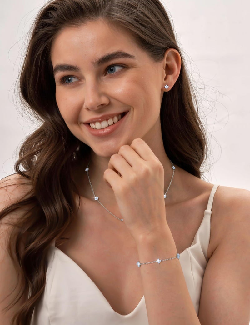 ORAZIO Silver Necklace Bracelet Earring Set - Silver Plated Clover Charm Bracelet, Flower Choker Necklace Floral Stud Earrings Jewelry Set Birthday Wedding Prom Jewelry for Bridal Bridesmaid - Image 2