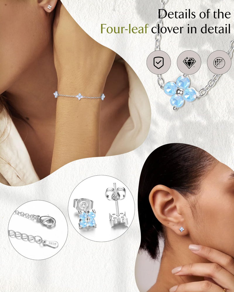 ORAZIO Silver Necklace Bracelet Earring Set - Silver Plated Clover Charm Bracelet, Flower Choker Necklace Floral Stud Earrings Jewelry Set Birthday Wedding Prom Jewelry for Bridal Bridesmaid - Image 4