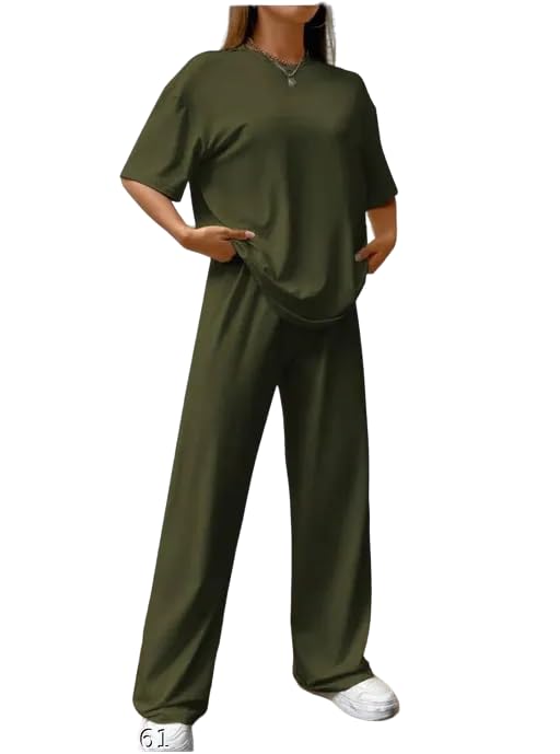 My Swag Cotton Casual 2 Piece Outfit Solid Co Ords Set Loose-Fit T-Shirt & Trouser Matching Pajama Set For Women & Girls, Large, Green - Image 1