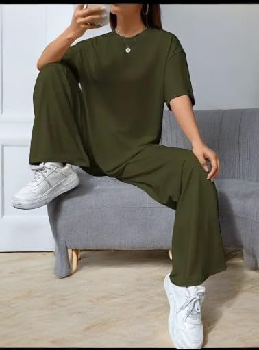 My Swag Cotton Casual 2 Piece Outfit Solid Co Ords Set Loose-Fit T-Shirt & Trouser Matching Pajama Set For Women & Girls, Large, Green - Image 4