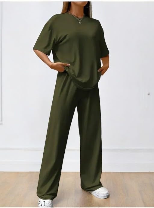 My Swag Cotton Casual 2 Piece Outfit Solid Co Ords Set Loose-Fit T-Shirt & Trouser Matching Pajama Set For Women & Girls, Large, Green - Image 3