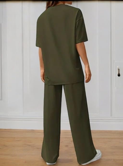 My Swag Cotton Casual 2 Piece Outfit Solid Co Ords Set Loose-Fit T-Shirt & Trouser Matching Pajama Set For Women & Girls, Large, Green - Image 2