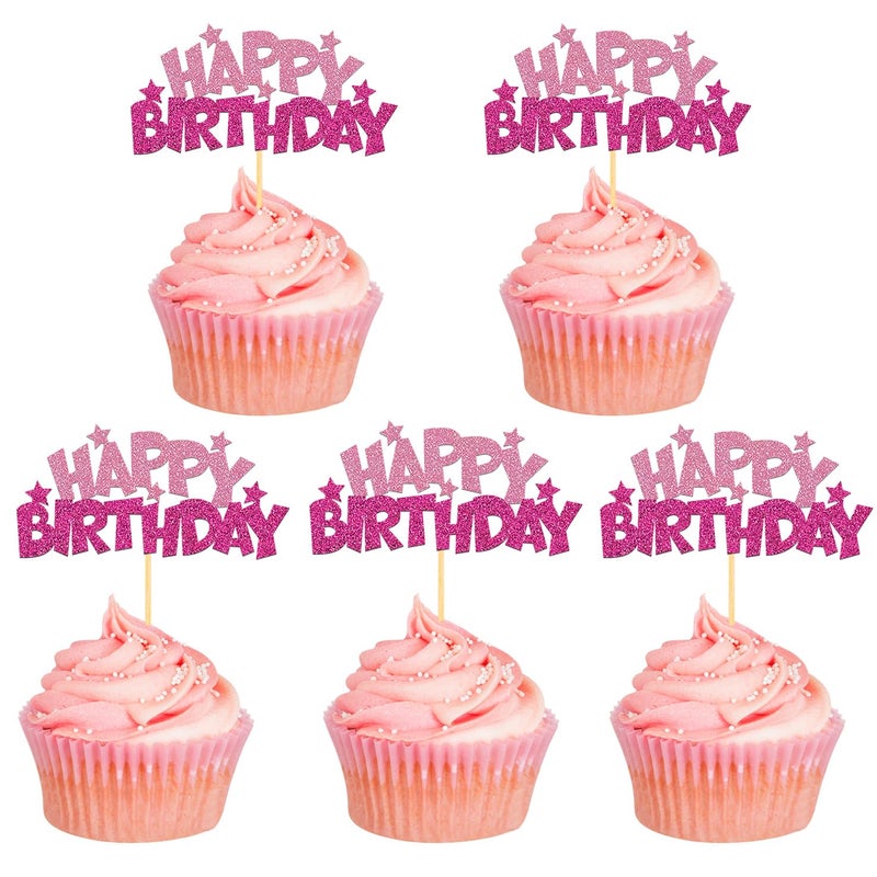 Moitkptt 24pcs Happy Birthday Cupcake Toppers  Pink Birthday Cake Decorations - Image 1