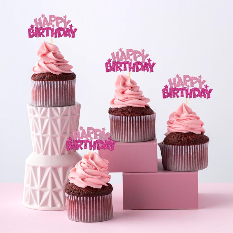 Moitkptt 24pcs Happy Birthday Cupcake Toppers  Pink Birthday Cake Decorations - Image 3