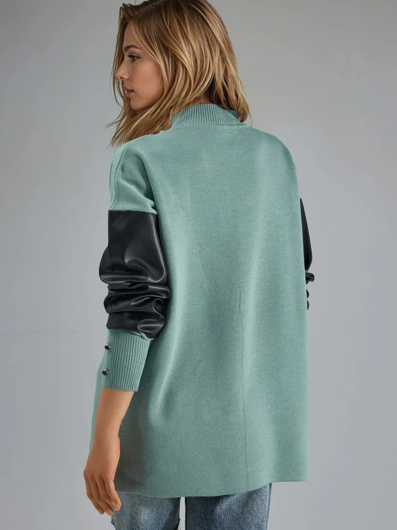 My Fashion Sage Green MY FASHION Faux Leather Detailed Sweater for Women | Best Price UAE