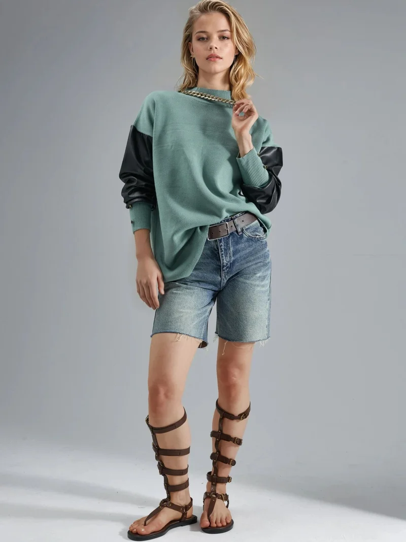 My Fashion Sage Green MY FASHION Faux Leather Detailed Sweater for Women | Best Price UAE