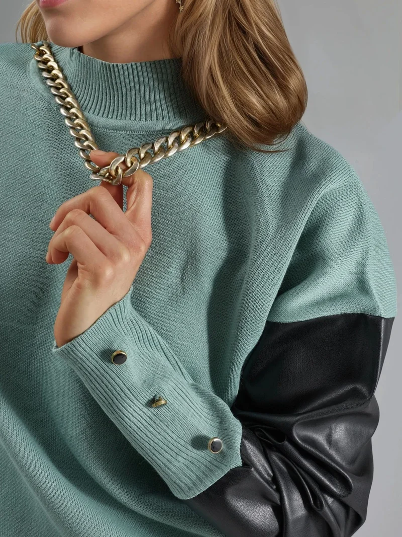My Fashion Sage Green MY FASHION Faux Leather Detailed Sweater for Women | Best Price UAE