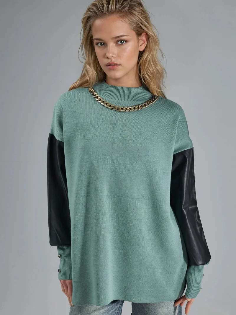 MY FASHION Faux Leather Detailed Sweater