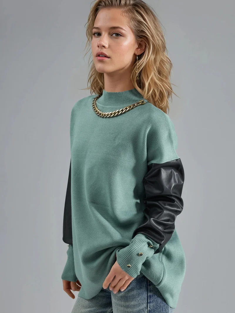 My Fashion Sage Green MY FASHION Faux Leather Detailed Sweater for Women | Best Price UAE