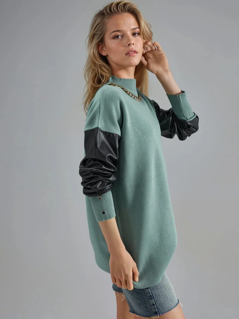 My Fashion Sage Green MY FASHION Faux Leather Detailed Sweater for Women | Best Price UAE
