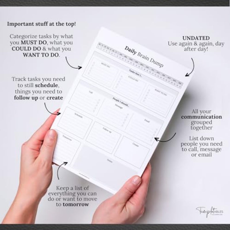 مفكرة Templatables Brain Dump، لوحة مكتب لقائمة المهام، مخطط الإنتاجية، مخطط يومي ADHD 50 ورقة تمزيق غير مؤرخة A4 أحادية - Image 4