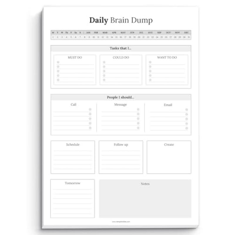 مفكرة Templatables Brain Dump، لوحة مكتب لقائمة المهام، مخطط الإنتاجية، مخطط يومي ADHD 50 ورقة تمزيق غير مؤرخة A4 أحادية - Image 1