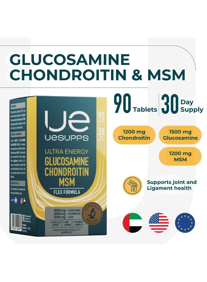 UESUPPS مكمل جلوكوزامين كوندرويتين MSM من UESUPPS | تركيبة الطاقة الفائقة المرنة مع كبريتات الجلوكوزامين وكبريتات الكوندرويتين وMSM لتغذية المفاصل والغضاريف والأنسجة الضامة | أقراص للبالغين | 90 قرص - Image 2