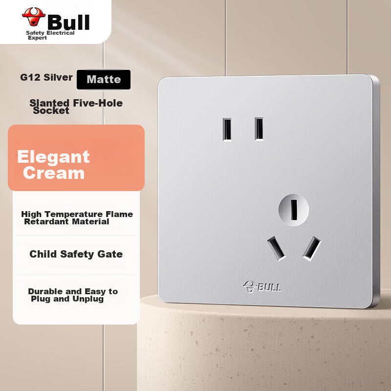 BULL Switch Socket, G12 Series 10A Slanted Five-Hole Socket, 86-Type Panel, G12Z223AS, Cream-Colored Space Silver - Image 1