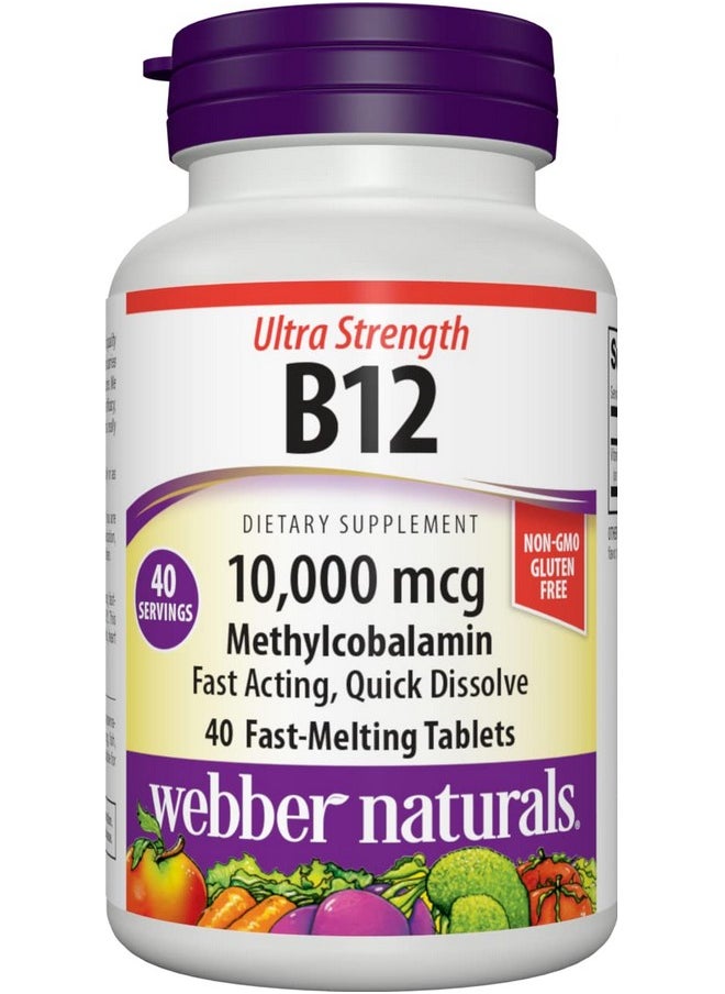 Webber naturals Vitamin B12 10000 Mcg Ultra Strength 40 Count Fastmelting Tablets Supports Energy Metabolism Immune And Heart Health Gluten Free Nongmo Vegan  - Image 1
