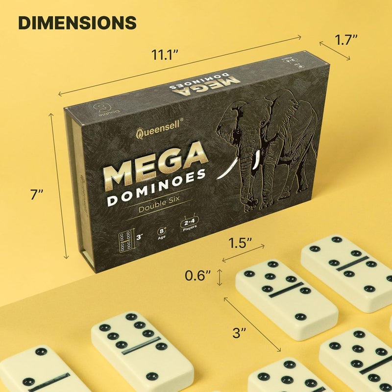 Queensell Mega Large 3" Dominoes Set for Adults and Kids – Dominoes Double 6 Classic Board Games – Double Six Domino Set with 28 Tiles and Gift Case, Juegos de Mesa (MEGA) - Image 5
