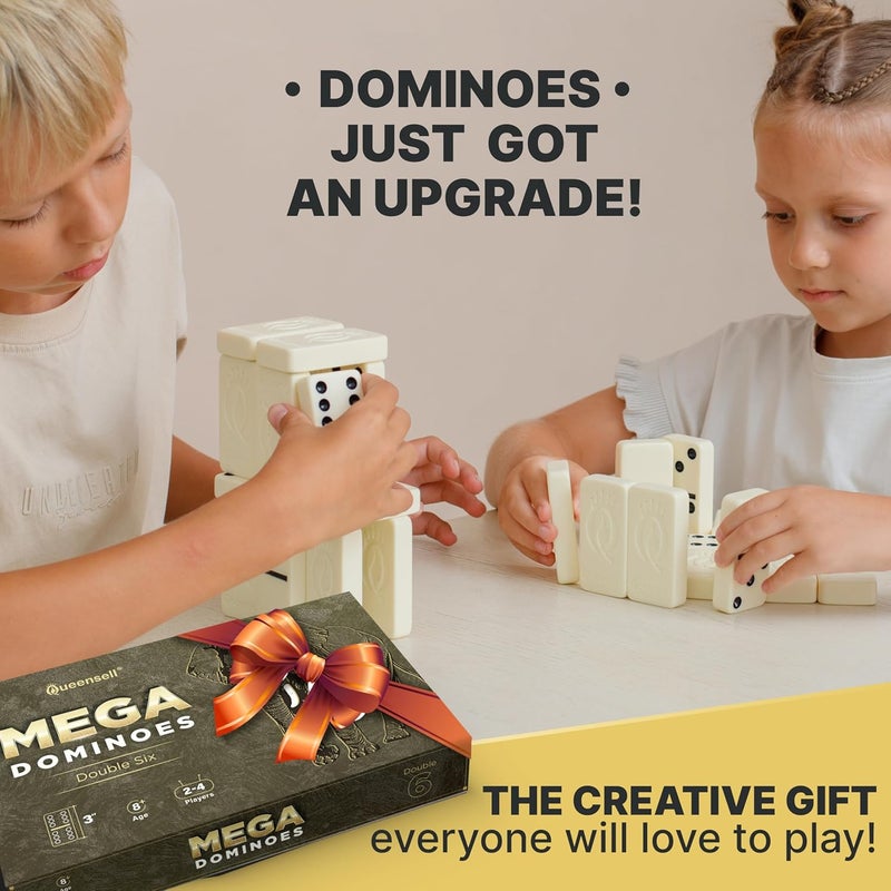 Queensell Mega Large 3" Dominoes Set for Adults and Kids – Dominoes Double 6 Classic Board Games – Double Six Domino Set with 28 Tiles and Gift Case, Juegos de Mesa (MEGA) - Image 4