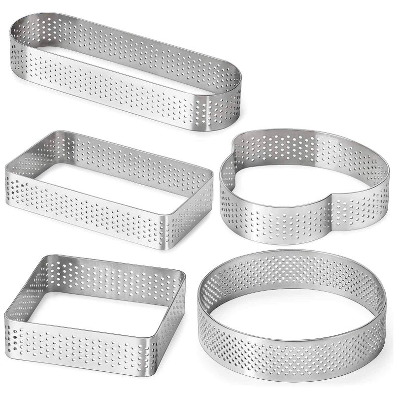 FANGSUN Tart Ring for Baking, Stainless Steel Perforated Pastry Ring Mold for French Tarte, 5 Shape Tart Rings with Gift Package - Image 1