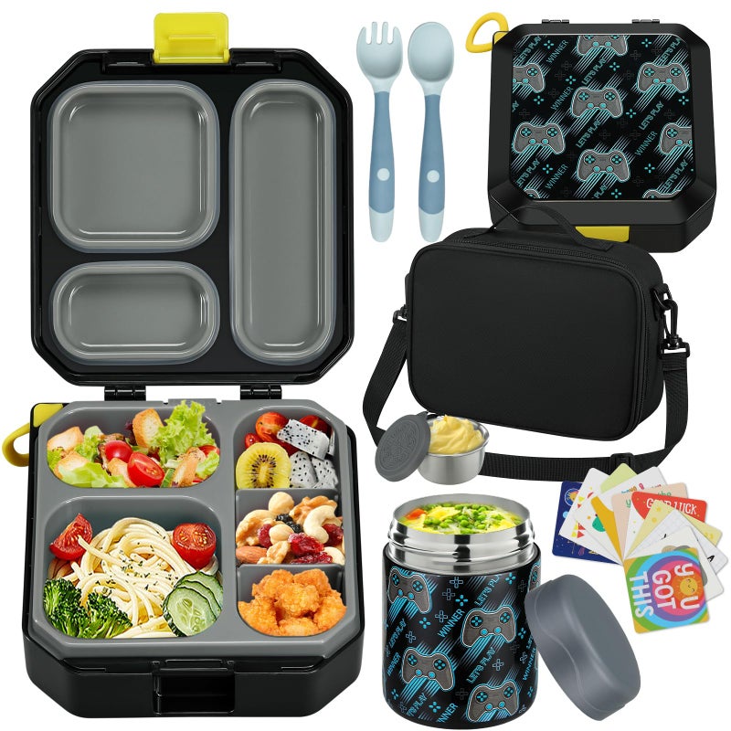 wiwens Bento Lunch Box for Kids with 12oz Soup Thermo LeakProof Lunch Food Container with 5 Compartment Thermo Hot Food Jar and Insulated Lunch Bag for Kid Toddler Girls Boys to School