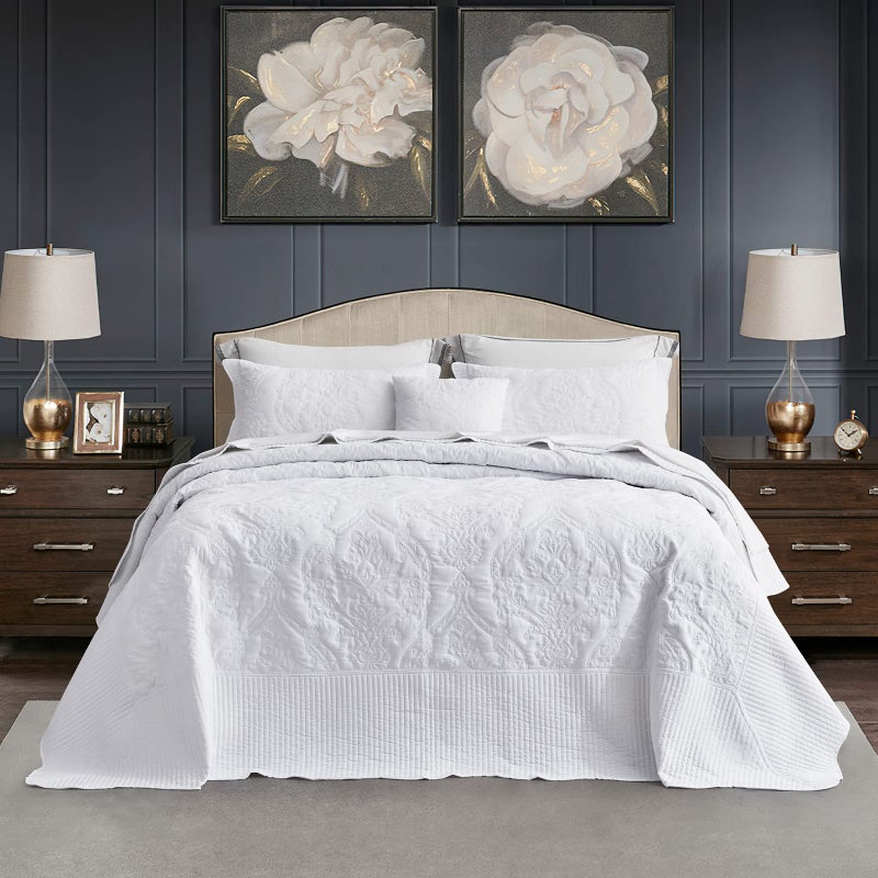 CHIXIN Oversized Bedspread Coverlet Set King Size  Lightweight Bedding Cover  Beautiful Stitching  5 Piece Reversible Bedspread  Gorgeous Damask Paisley Pattern King Pure White