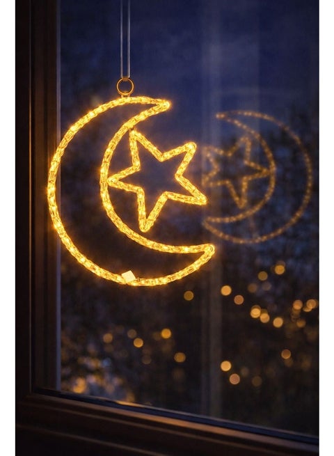 Crescent Moon & Star Hanging LED Rope Light, 44cm Warm White Decorative Lamp with 3-Pin Plug