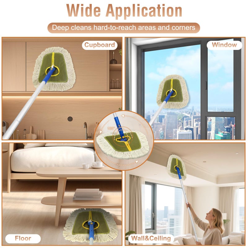 SOBONNE Commercial Dust Mop for Hardwood Floors Cleaning,Industrial Dry Mop Broom with 2 Replacement Wedge Cotton Mop Pads for Walls,Hardwood,Laminate, Vinyl,Tile,Home,Warehouse Floor Duster,Green - Image 5