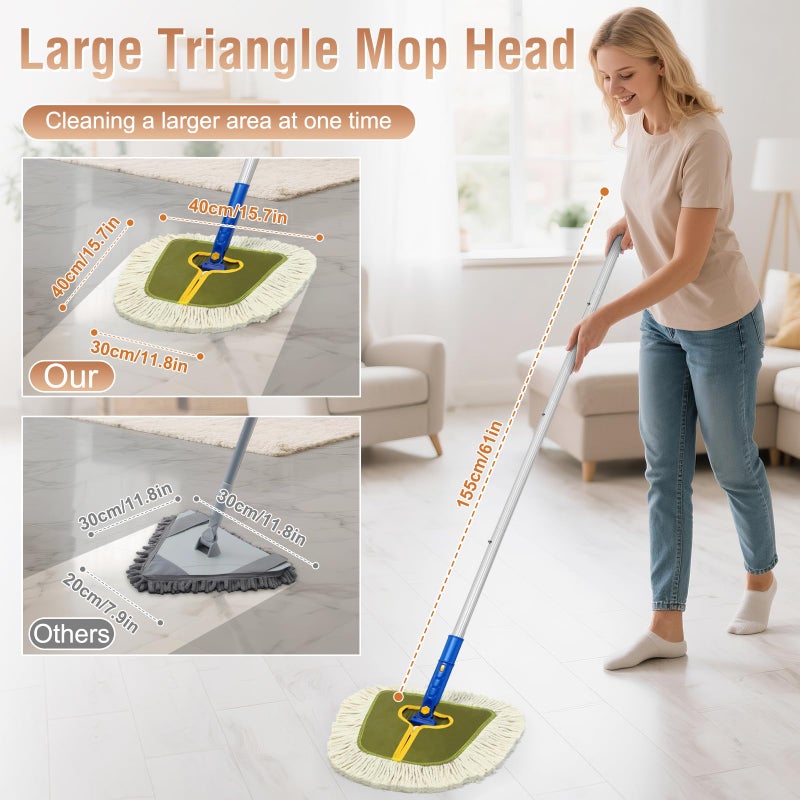 SOBONNE Commercial Dust Mop for Hardwood Floors Cleaning,Industrial Dry Mop Broom with 2 Replacement Wedge Cotton Mop Pads for Walls,Hardwood,Laminate, Vinyl,Tile,Home,Warehouse Floor Duster,Green - Image 2