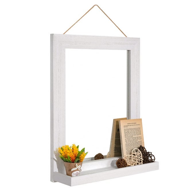 WALL MIRROR WITH SHELF 20 X 16 INCH FARMHOUSE DECOR WALL MIRROR HANGING FOR BATHROOM VANITY BEDROOM ENTRYWAY LIVING ROOM WEATHERED WHITE