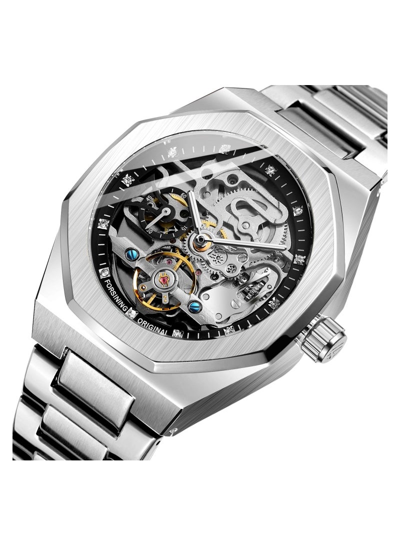فورسينينج FORSINING ساعة هيكل عظمي من الفولاذ المقاوم للصدأ للرجال ، ساعة سيلويندج أوتوماتيكية ، مقاومة للماء - Image 1