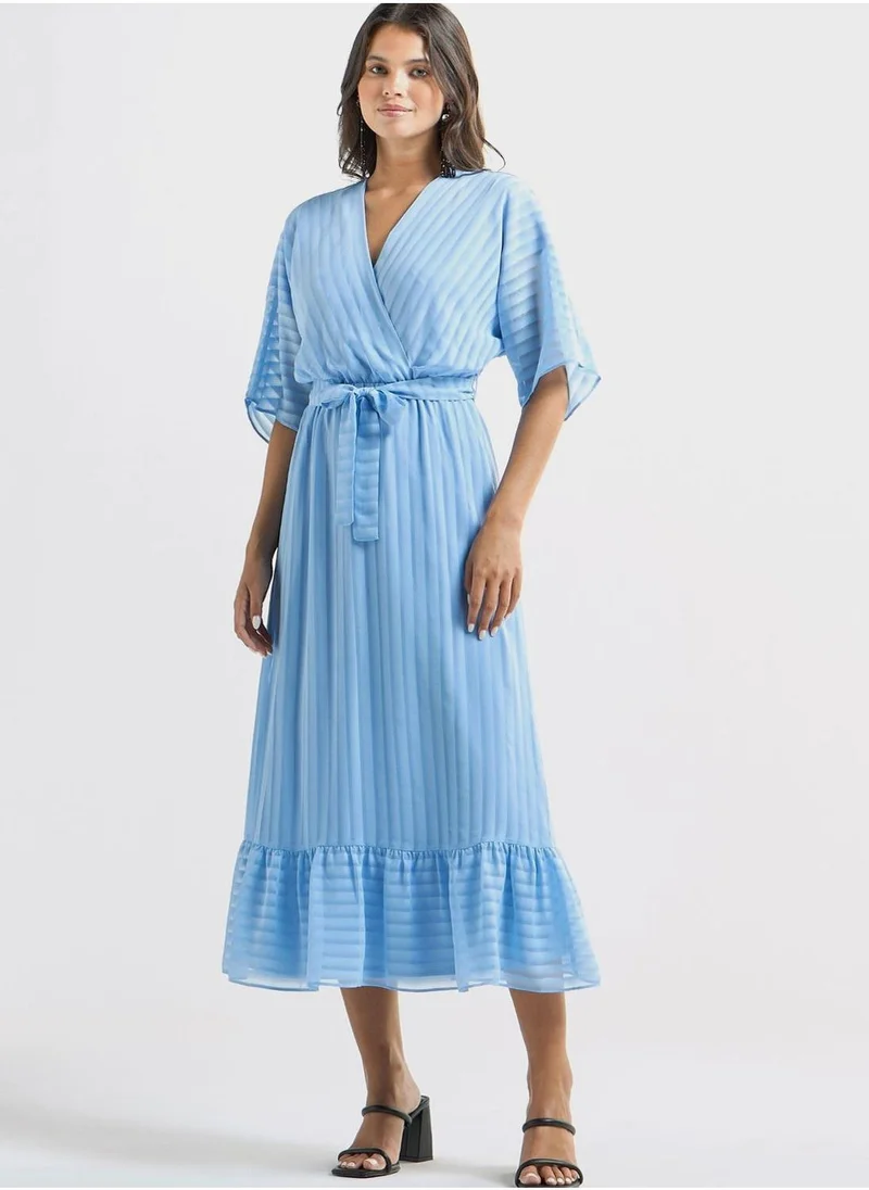 Splash FAV Striped Midi A-Line Dress With Tie-Up Belt