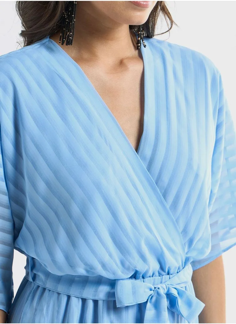 Splash FAV Striped Midi A-Line Dress With Tie-Up Belt