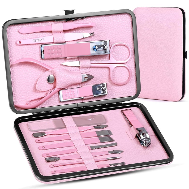 QLNE Women' Manicure Set Pedicure Kit Nail Clippers Set Fingernail Clipper Set Ingrown Toenail Nail Kit Scissor Nail Trimmer Kit 15 in 1 Travel Nail Kit Care Grooming Tools with Fine Case Gift (Pink 15) - Image 1