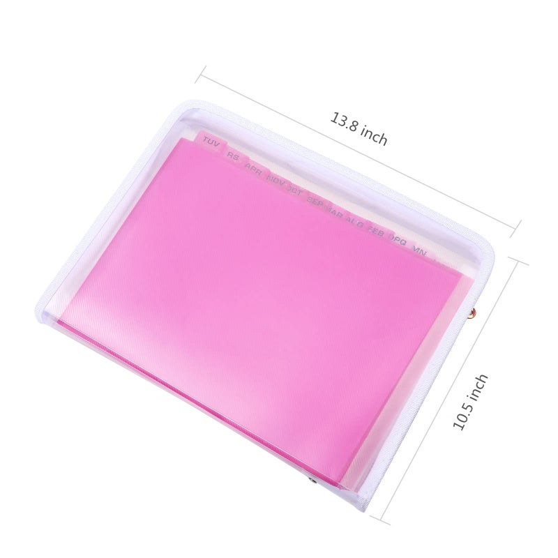 MEGREZ Expanding File Folder with 13 Pockets, A4 Paper File Folder with Zipper Color Labels, Waterproof Accordion File Folders Organizer for Home Office, Pink-Clear - Image 2