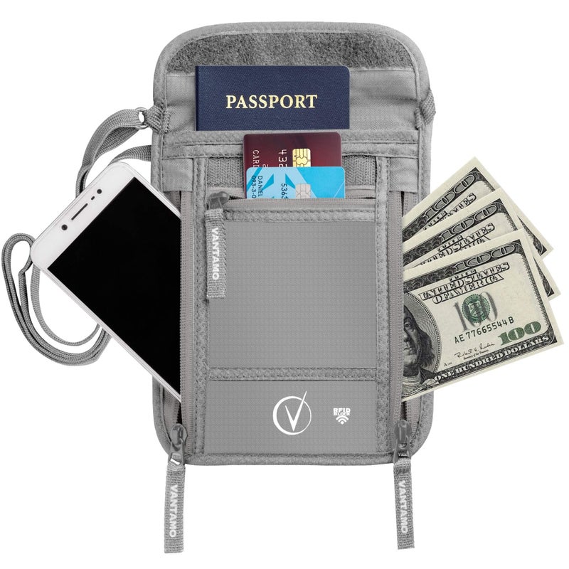 Vantamo حقيبة سفر وحامل جواز سفر عنق فاخرة، محمية بتقنية RFID، تناسب جواز السفر مع غلاف، تشمل علامات استرداد عالمية. حامل جواز سفر عنق للرجال والنساء (رمادي فاتح) - Image 2