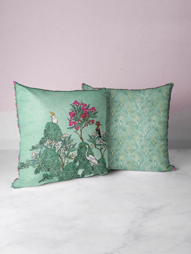 BIANCA Designer Reversible Printed Silk Linen Cushion Covers -2pc 16 X16 Set (Suzane) | with Contrast Front & Back Digital Print | Hidden Zipper Floral-Ornamental-Mint/Teal - Image 1