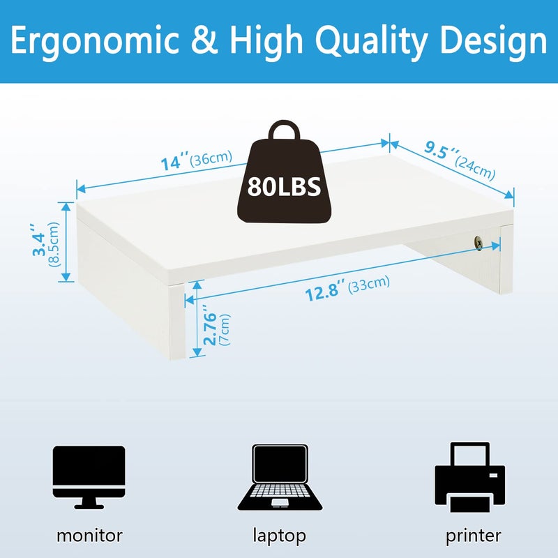 TEAMIX 14.2 inch White Monitor Stand Riser, Wood Monitor Riser with Storage for Desk Small Monitor Stand TV/Screen/PC/Laptop Riser Computer Stand Desktop Shelf (White-14.2 inch) - Image 3