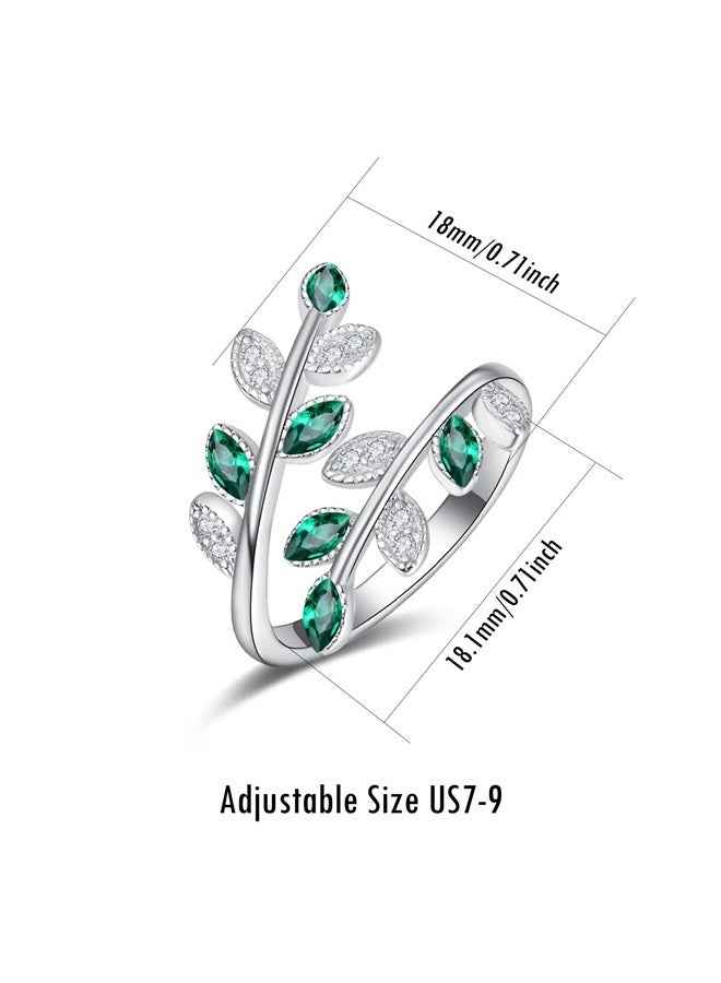 925 Sterling Silver Dainty Leaf Rings Rainbow Adjustable Open Ring for Women Cubic Zirconia Tree Jewelry Gifts for Women (A02-green cubic zirconia ring)
