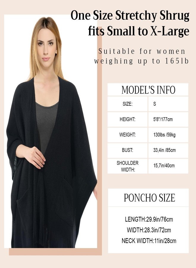 Cutecrop Women's Shawl Wraps with Pockets, Knitted Poncho, Open Front Fringe Sweater with Tassel for Spring Fall Winter(Black) - Image 2