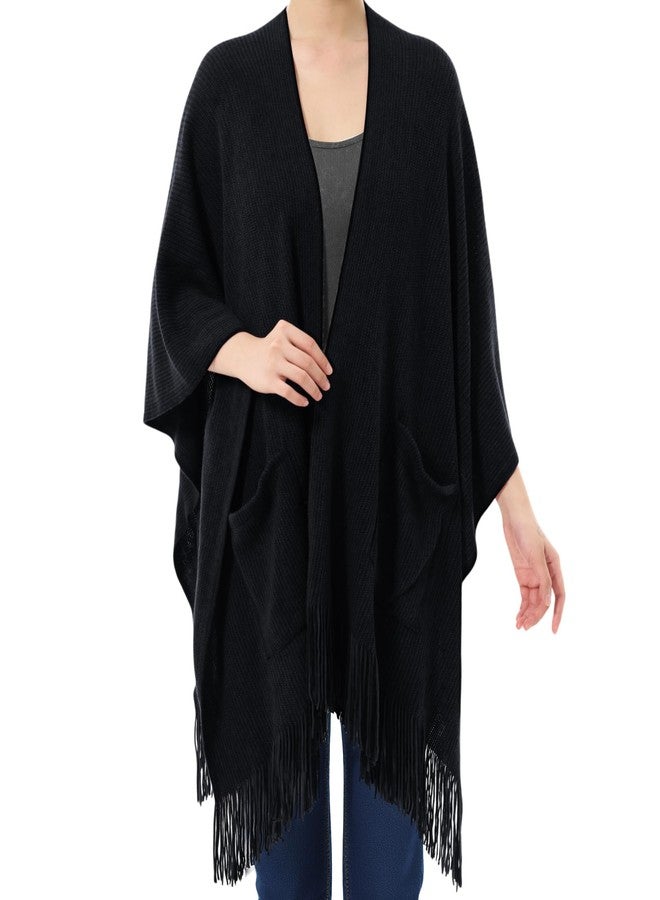 Cutecrop Women's Shawl Wraps with Pockets, Knitted Poncho, Open Front Fringe Sweater with Tassel for Spring Fall Winter(Black) - Image 1