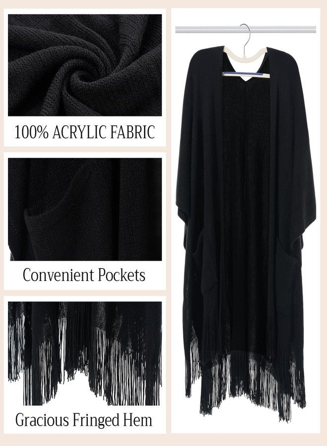 Cutecrop Women's Shawl Wraps with Pockets, Knitted Poncho, Open Front Fringe Sweater with Tassel for Spring Fall Winter(Black) - Image 3
