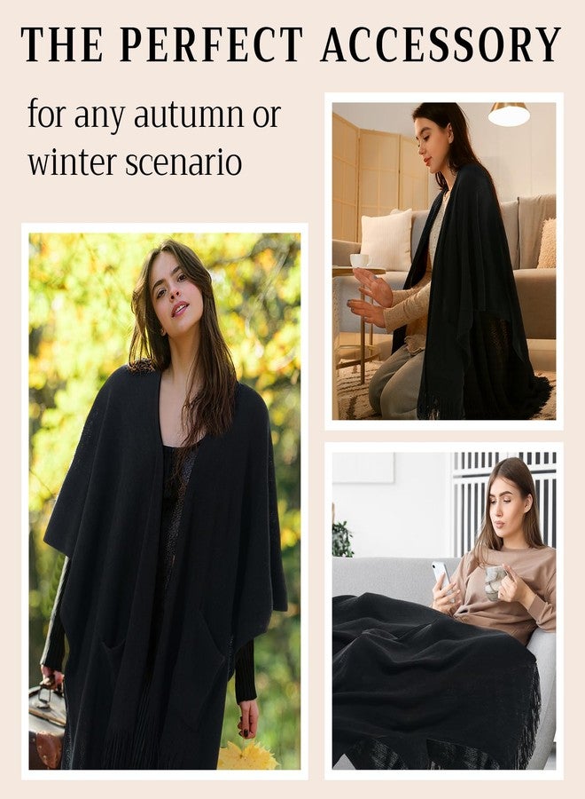 Cutecrop Women's Shawl Wraps with Pockets, Knitted Poncho, Open Front Fringe Sweater with Tassel for Spring Fall Winter(Black) - Image 5
